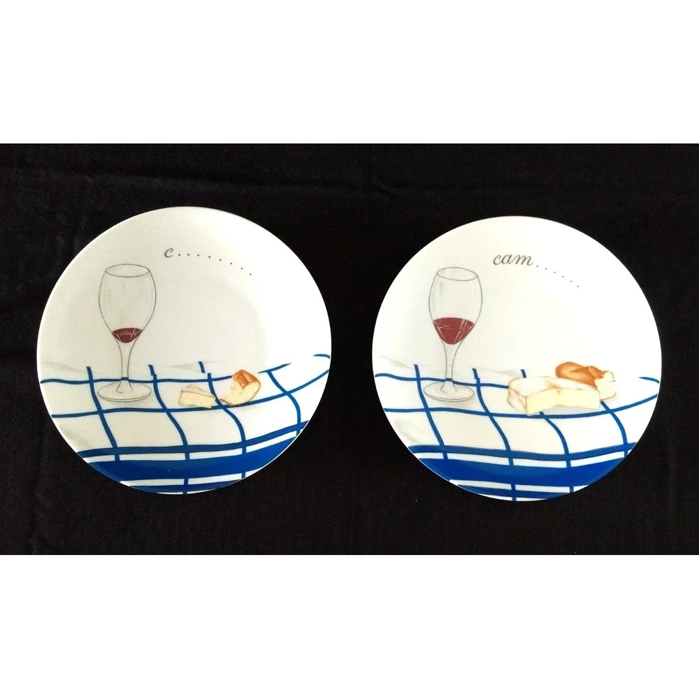 Limoges Porcelaine de Sologne Canape Plates France Camembert Cheese & Wine Set/4